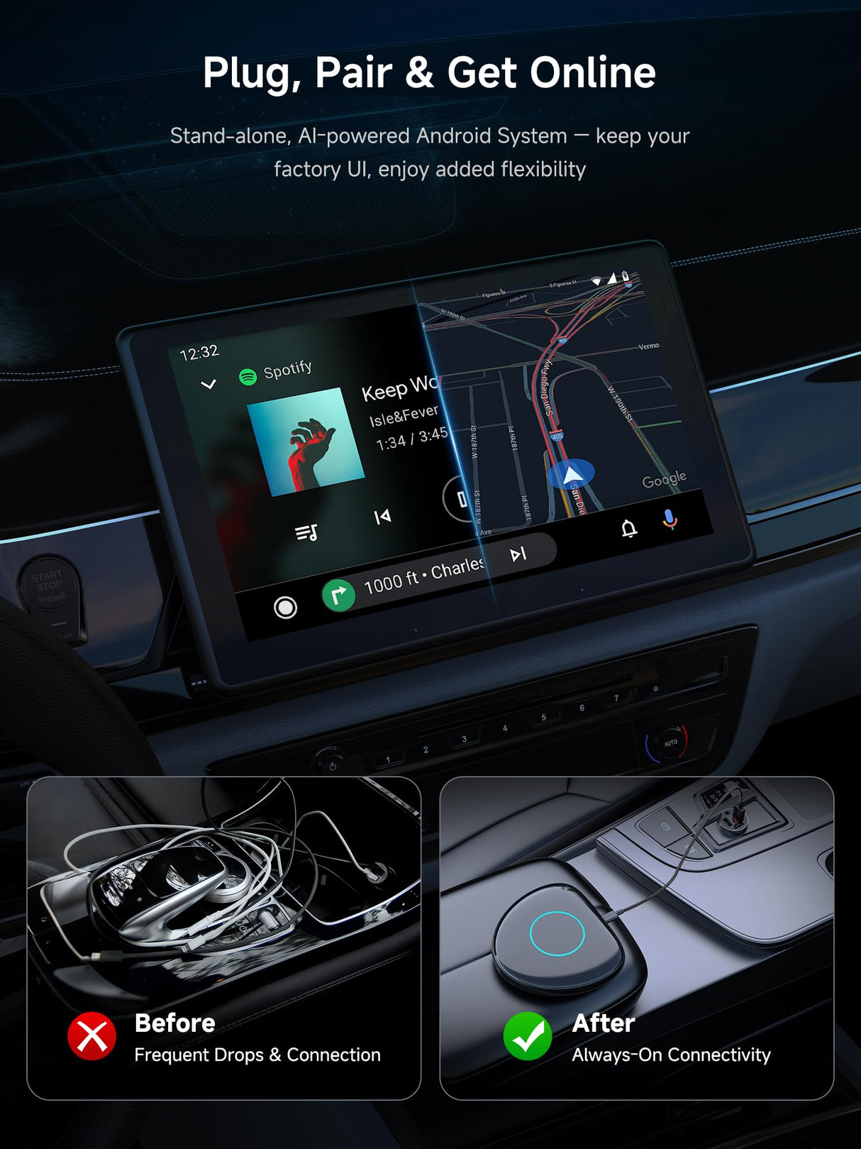 ATOTO CB6C CarPlay AI Box Adapter, Android Multimedia Magic Box with Built-in 4G LTE SIM Slot, Wireless CarPlay & Android Auto, Watch YouTube/Netflix/Disney+, 4GB+64GB, 8-Core, DriveChat AI, TF Card Support - Converts Wired to Wireless