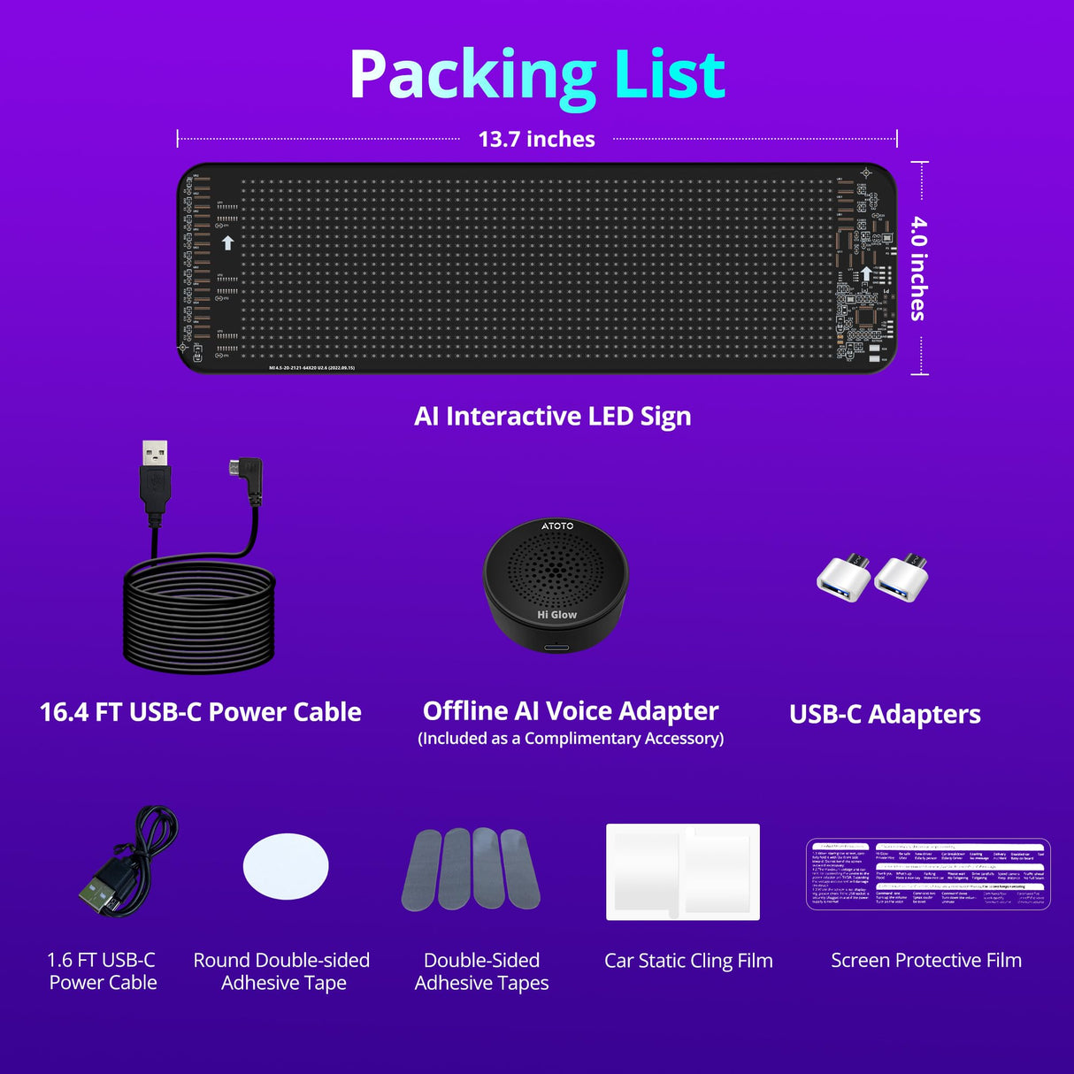 ATOTO CI-VIALD13 13.7" x 4" Programmable LED Sign, Scrolling Advertising Display, AI Voice Control, Bluetooth APP Control