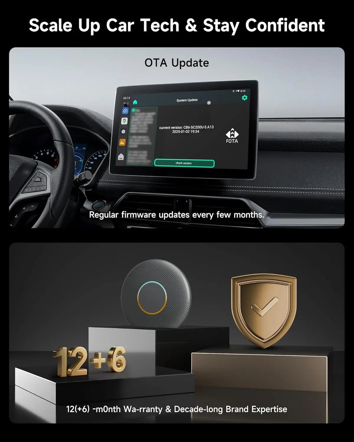 ATOTO CB6A Wireless CarPlay Adapter (2025 Upgrade) CarPlay AI Box with Plug & Play, DriveChat, GPS, Android 13, 4G LTE, Dual Bluetooth, YouTube Support, 4G+64G