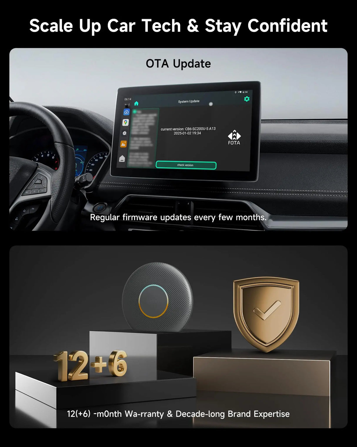 ATOTO CB6A Wireless CarPlay Adapter (2025 Upgrade) CarPlay AI Box with Plug & Play, DriveChat, GPS, Android 13, 4G LTE, Dual Bluetooth, YouTube Support, 4G+64G