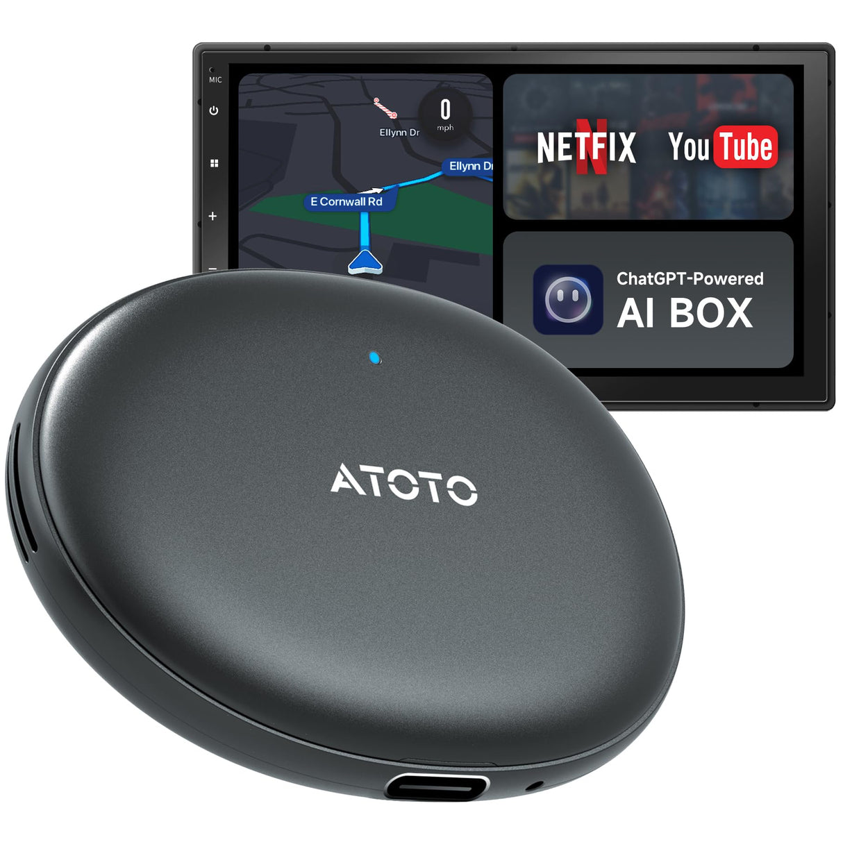 ATOTO AD5 Wireless CarPlay Adapter – Smart AI Magic Video Box with Built-in Android Multimedia System, Enjoy Video & Music Apps, Navigation & Voice Control, Plug & Play for Factory Wired CarPlay Cars