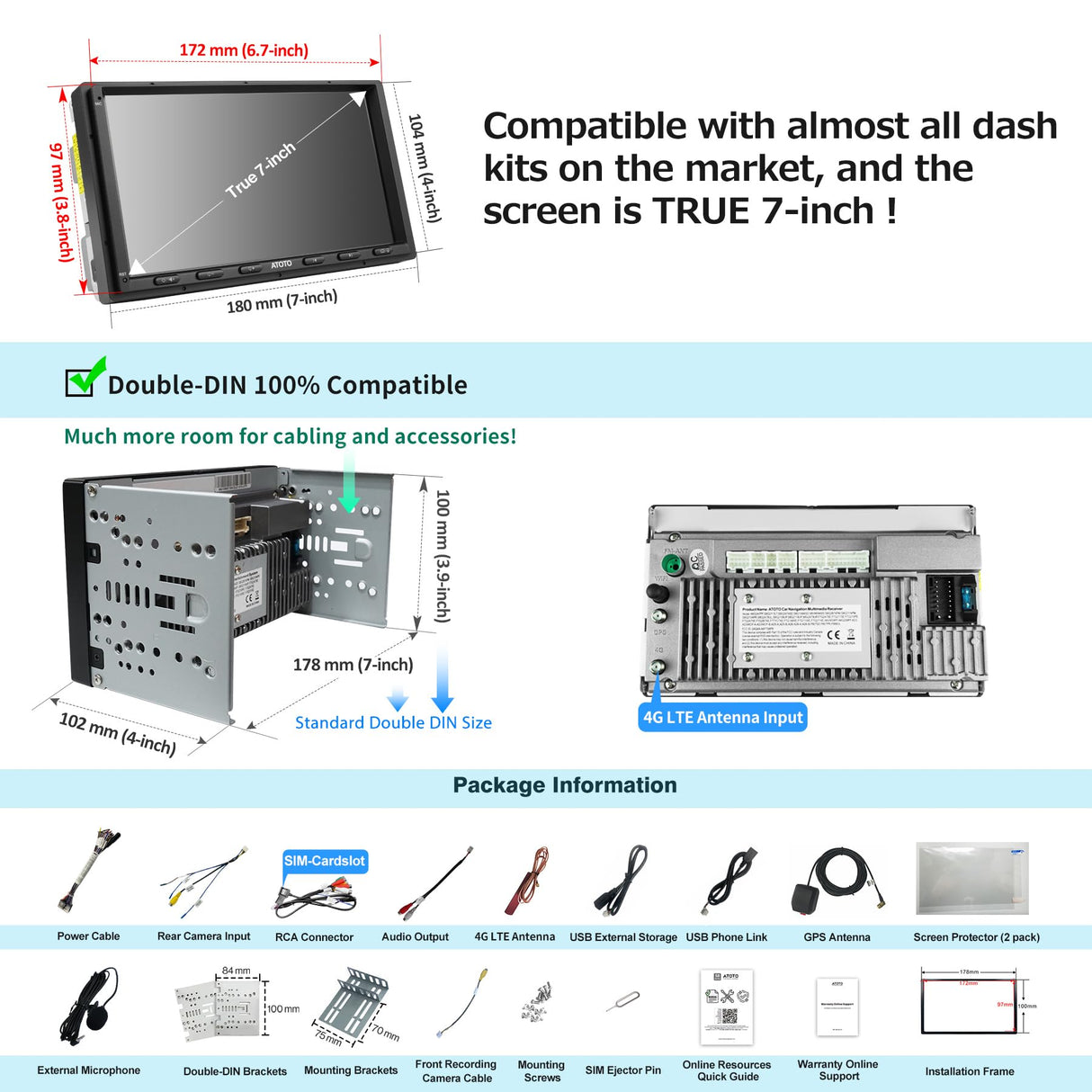 ATOTO S8G2A79UN 7" Double Din Car Stereo,4 * 49W Amp, 2 Bluetooth, GPS Tracking, LRV, 8-Core 6G+128G
