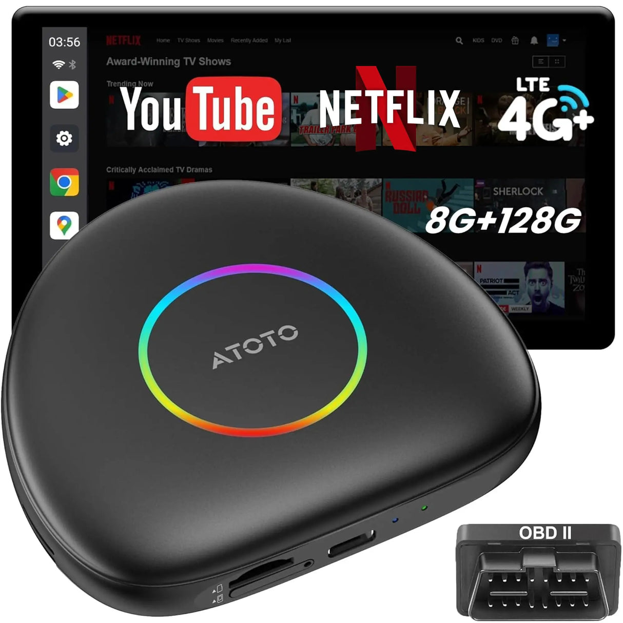 ATOTO CB6 AI Bluetooth CarPlay Adapter with OBDII Scanner, 8GB RAM, 128GB Storage, 4G LTE, GPS Navigation, Mirror Link, Voice Control, Bluetooth, OTA Updates