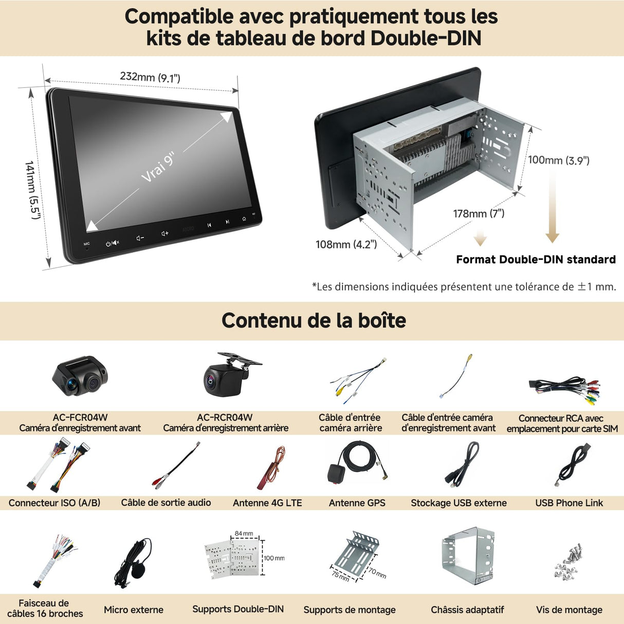 ATOTO S8G2094MS 9" Double DIN Autoradio Android avec caméras avant et arrière 1080P, écran tactile QLED, CarPlay/Android Auto sans fil, 4G, Wi-Fi, BT, USB, DSP, AMP, SUB, GPS, AI