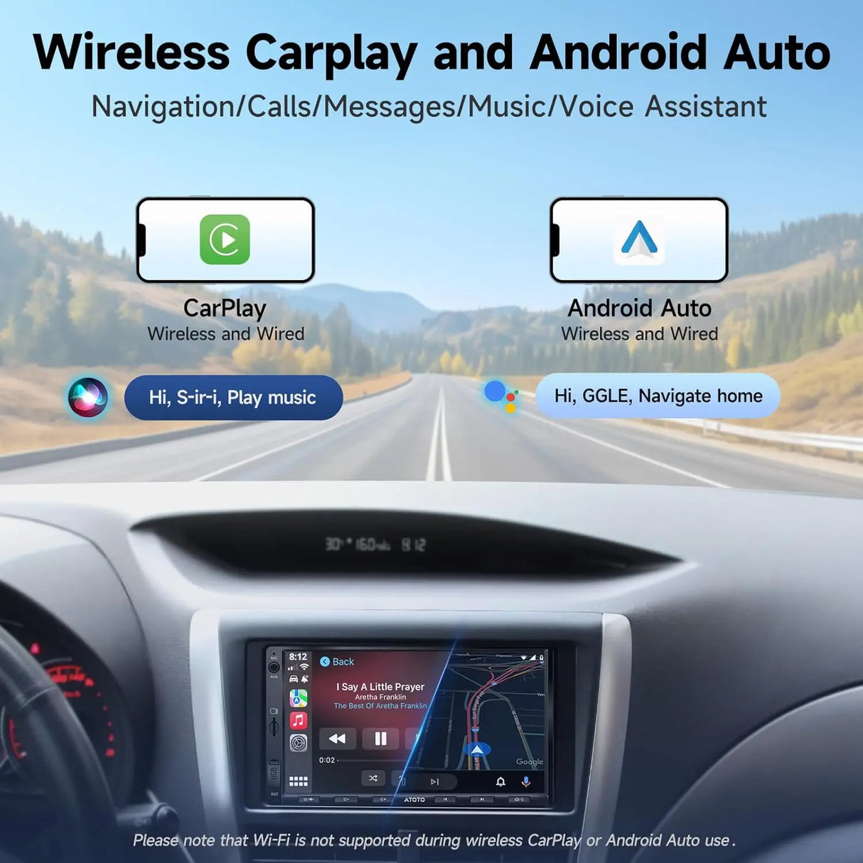 ATOTO A5LG2A7T 7" Double Din Car Stereo, Touchscreen Digital Media Receiver, 2G+32G, Wireless CarPlay & Android Auto, WiFi/BT Tethering, 24-Band EQ DSP, Bluetooth, MirrorLink, FM, USB, TF