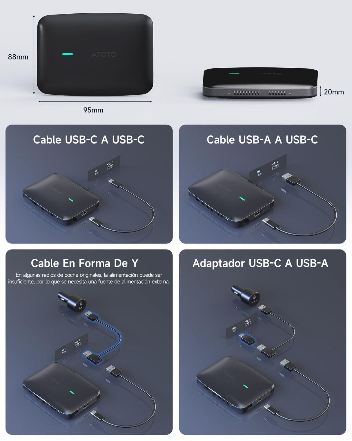 ATOTO CB4B Dongle WIFI – Dual Bluetooth, Tarjeta TF 128GB, 4G+32G, Netflix/YouTube, Adaptador CarPlay Inalámbrico, Android TV Box con AI DriveChat, Negro