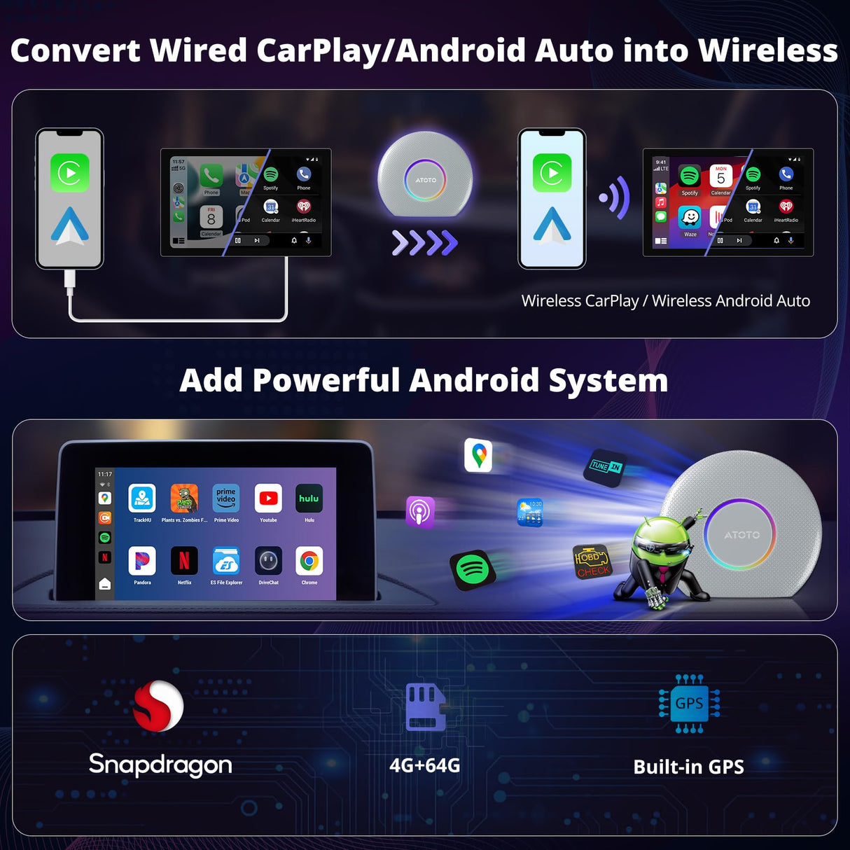 ATOTO CB6 Dongle WIFI AI Android Inalámbrico, Adaptador de CarPlay Cableado a Inalámbrico, Bluetooth, Voz AI, GPS, 4+64GB, Compatible con muchas apps (Plata)