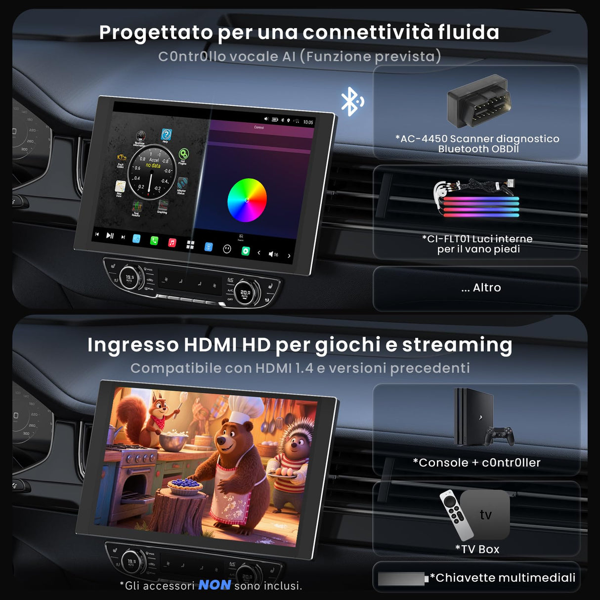 ATOTO X10G225E 12.5" QLED Autoradio Bluetooth 2 Din Android, 8+128 GB, CarPlay senza fili & Android Auto, 4G LTE, Assistente vocale AI, GPS, Doppio microfono, LRV, 36B-EQ, Ingresso HDMI