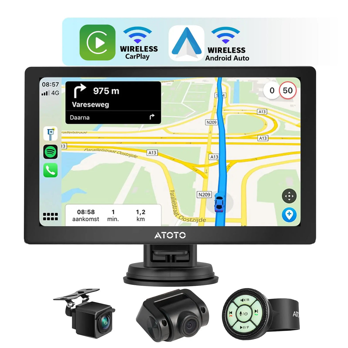 ATOTO P8 カーGPSナビ、7インチQLEDグレア抑制タッチスクリーン、ワイヤレスAndroid Auto&ワイヤレスCarplay、フロント&リアDVRカム入力、WDR&自動調光、リモコン、Bluetooth、AUX/FM出力、GPSナビゲーション、最大128G SDのサポート、P807PR