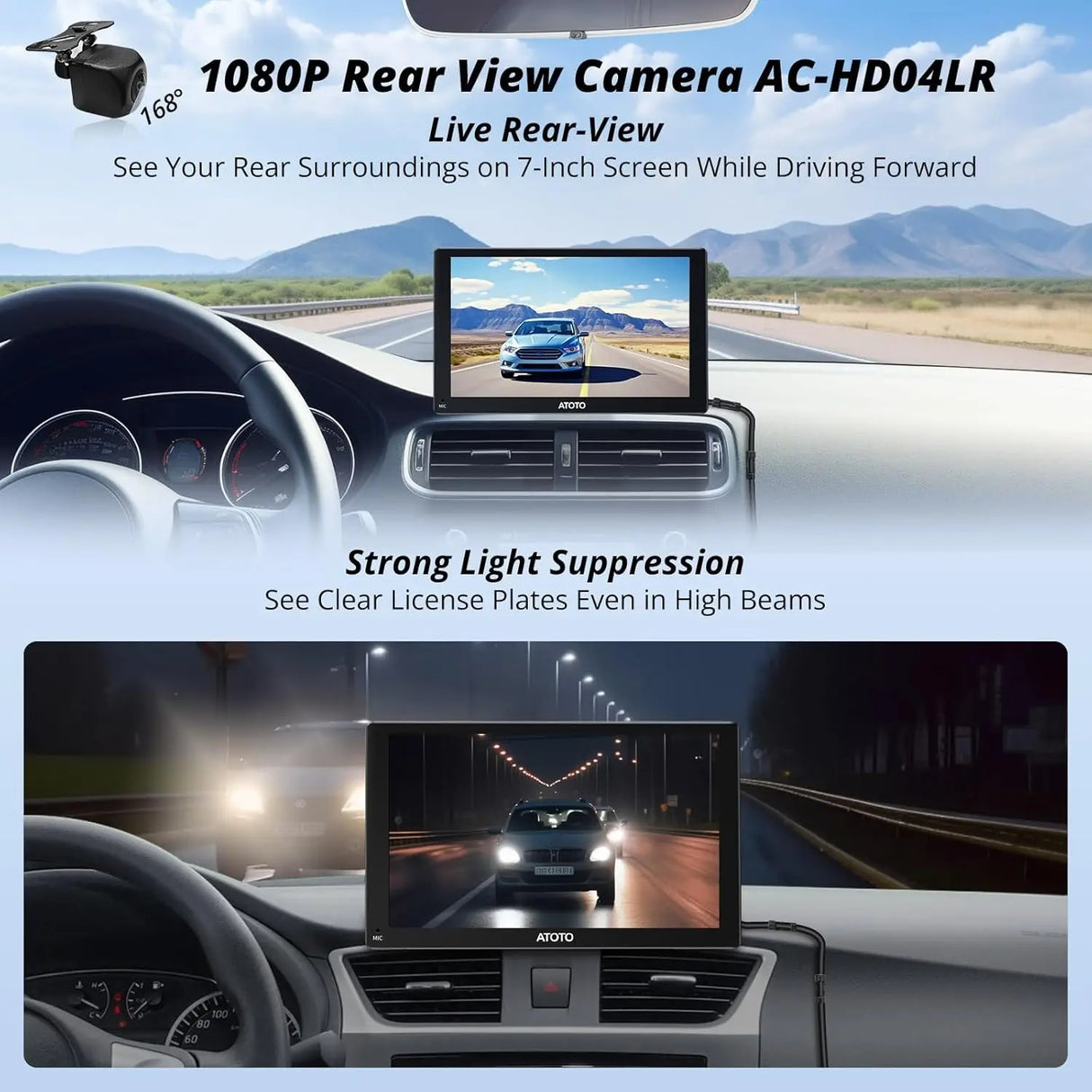 ATOTOEXCEL Tragbarer Carplay-Bildschirm für Android Auto mit 1080P- und SWC-Retromarcia-Telekamera, P5 Tragbares drahtloses Autoradio mit Carplay-Navigation, 7 Zoll QLED-Touchscreen, Mirrorlink