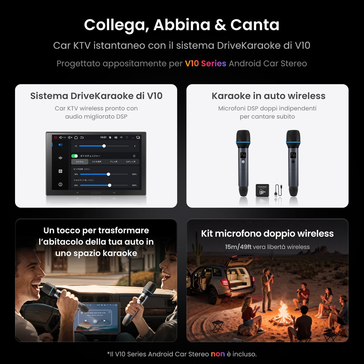 ATOTO AC-MICW2 Kit microfono wireless – Doppio microfono karaoke ricaricabile con ricevitore, bassa latenza, portata 15m, 6h durata, compatibile con autoradio serie V10