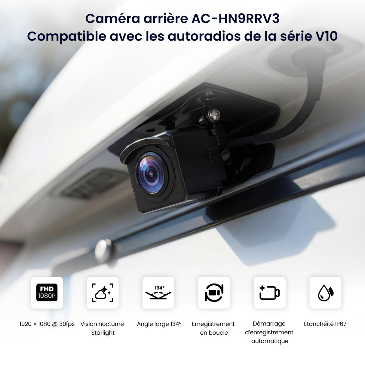 ATOTO AC-HN9RRV3 Caméra de Recul AHD 1080p, 134° Grand-Angle, Vision Nocturne Starlight, Boucle Vidéo, Mode Parking, IP67 Étanche, Capteur G, Série V10