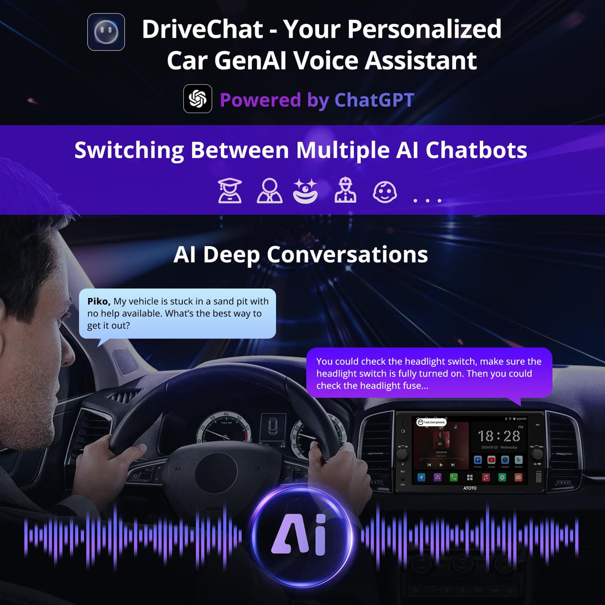 ATOTO A5LTYB7T 7" Double Din Car Stereo, Wireless CarPlay & Android Auto, Compatible with Toyota, Touchscreen, Wi-Fi/BT Tethering, 24 Band EQ DSP, FM/AUX/TF, 2G+32G