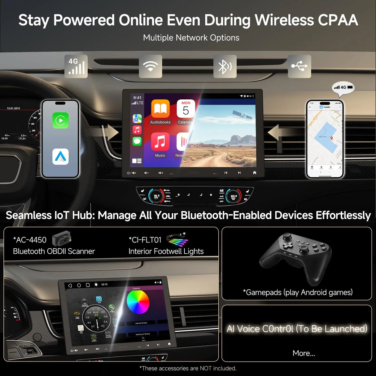 ATOTOZONE Android Autoradio 10 pollici 1 DIN & 2 DIN, Stereo Auto con Schermo Flottante, 4G LTE, Wireless CarPlay&Android Auto Senza Fili, Wi-Fi/Bluetooth/USB, DSP/SCVC/LRV, 4G+32G, S8G1104MS