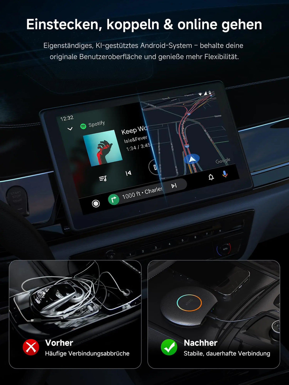 ATOTO CB6 Wireless CarPlay Adapter, Intelligenter AI-Sprachdongle mit GPS-Tracking, Kabelloses CarPlay und Android Auto, Bluetooth, 4GB+64GB, Kompatibel mit vielen Apps
