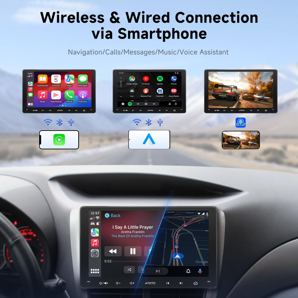 ATOTOZONE Double-DIN Car Stereo 9 Inch Android Car Radio, Wireless CarPlay&Android Auto, Backup Camera and Dashcam, AI Dialogues, WiFi/BT/USB, GPS Tracking, 24B EQ&DSP, 4 * 45W AMP