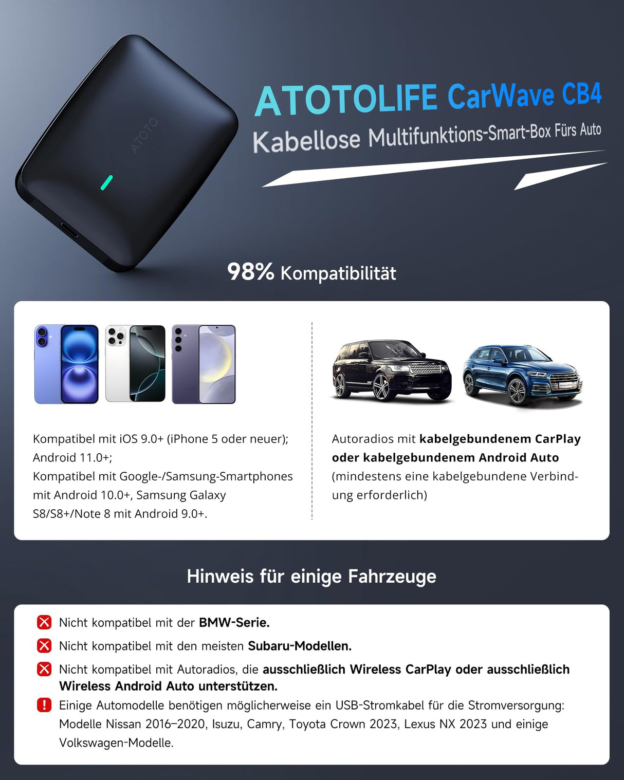 ATOTO CB4B Wireless CarPlay Adapter – Dual WLAN, Dual Bluetooth, 128GB TF-Karte, 4GB+32GB, Plug & Play Android AI Box mit KI-DriveChat, Netflix/YouTube, Schwarz