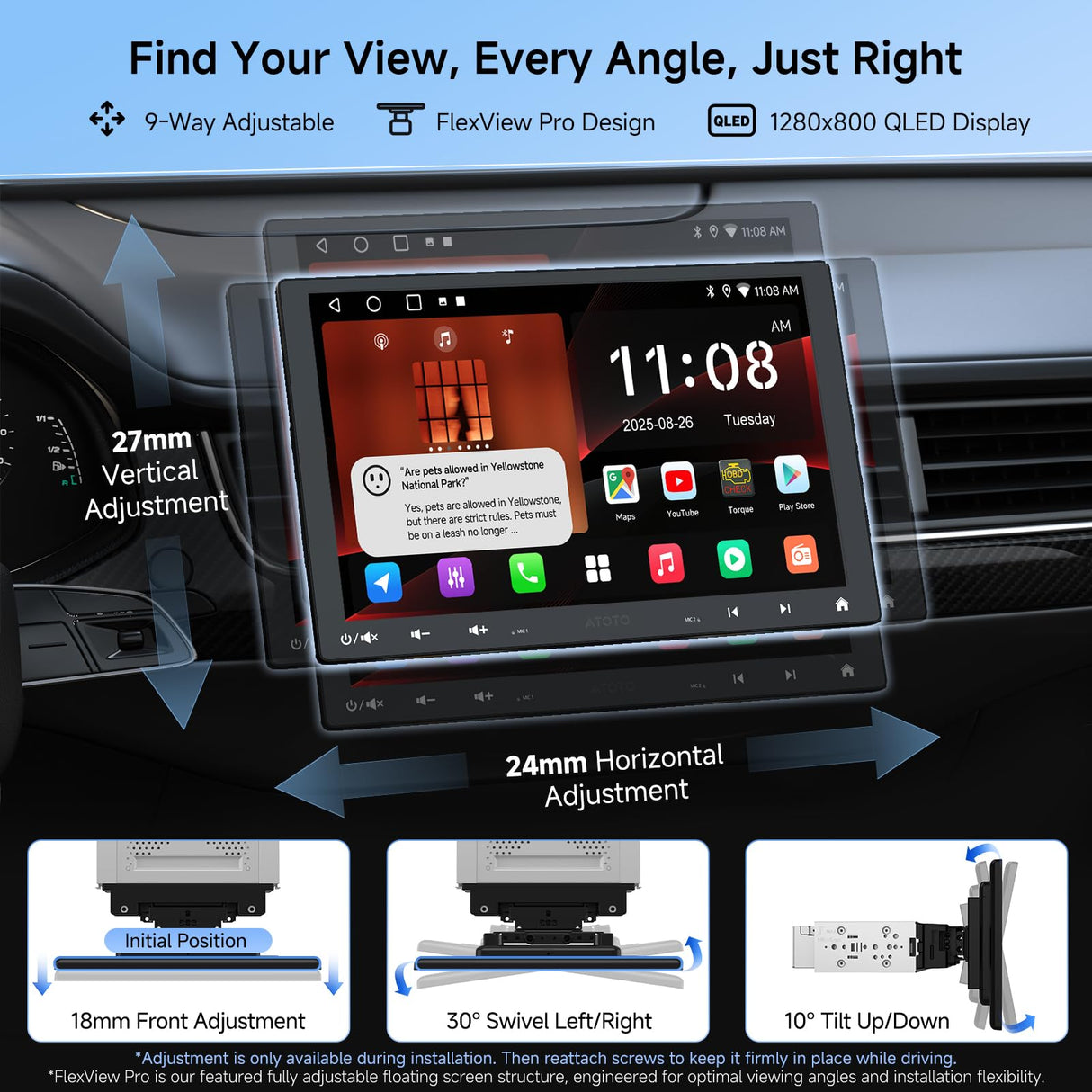 ATOTO A5LG110T 10.1" Android Single & Double Din Car Stereo with Backup Camera & OBD2 Scanner, 2G+32G Wireless CarPlay Android Auto Floating QLED Touchscreen Car Radio, LRV