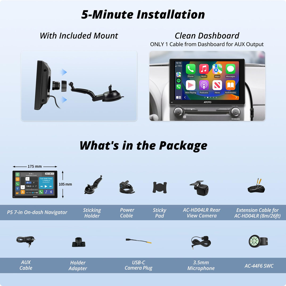 ATOTO P5 7" Portable Car Stereo, 1080P Backup Camera, Remote Control, GPS Navigation, QLED Glare-Suppressing Touchscreen, Wireless CarPlay and Android Auto, Bluetooth, MirrorLink