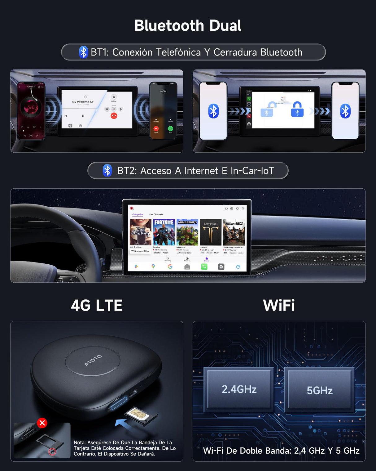 ATOTO CB6C Dongle WIFI CarPlay Inalámbrico Android 13, Caja AI Plug&Play con GPS, Asistente IA, 4G LTE, 4GB+64GB, Negro