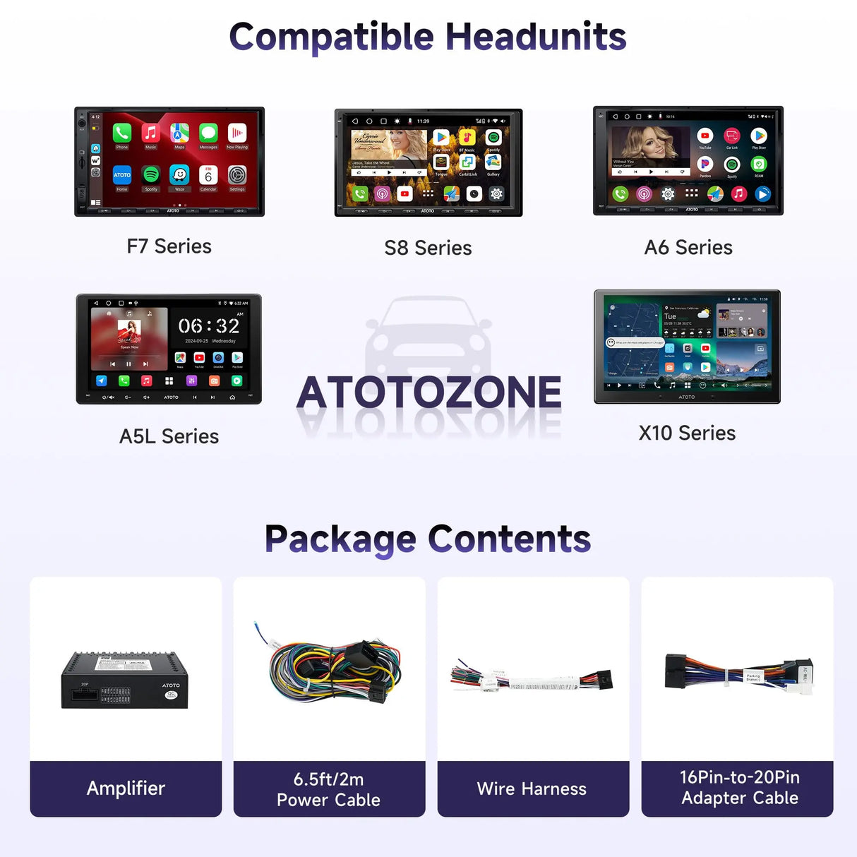 ATOTO CA-AEC122DL Verstärker, automatisch kompatibel, 4 x 60 W RMS, 4 Kanäle, Klasse D TI TPA3221, persönlicher EQ, Stromversorgung 2 m, kompatibel mit ATOTO Stereo