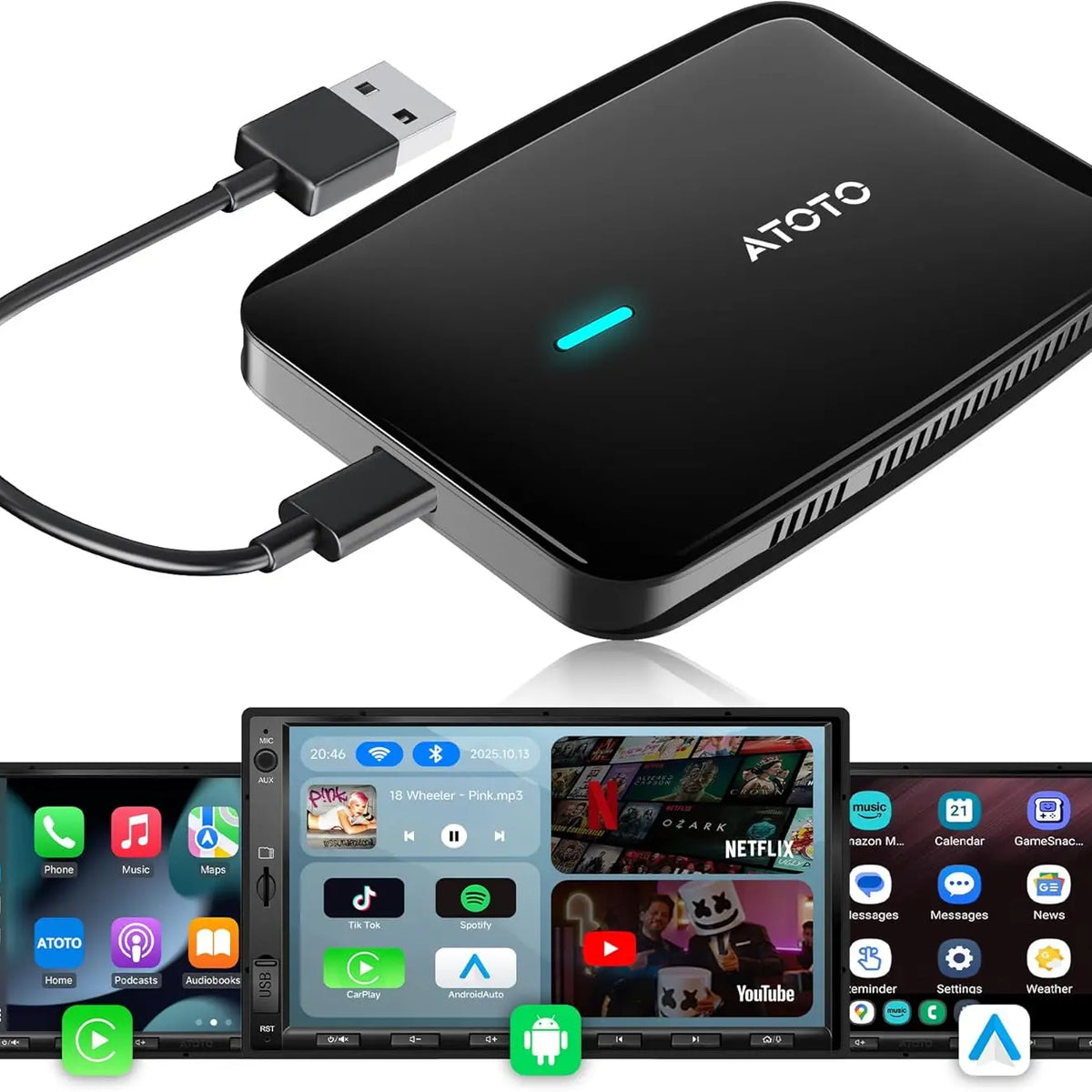 ATOTO CB4A Wireless CarPlay Adapter, AI Box, 5G WiFi, YouTube, Netflix