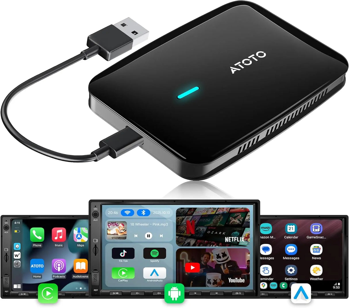 ATOTO CB4A Wireless CarPlay Adapter, AI Box 5-in-1 Car Smart Box with 5G WiFi, Supports Android Auto, YouTube, Netflix – For OEM Wired CarPlay, Plug & Play