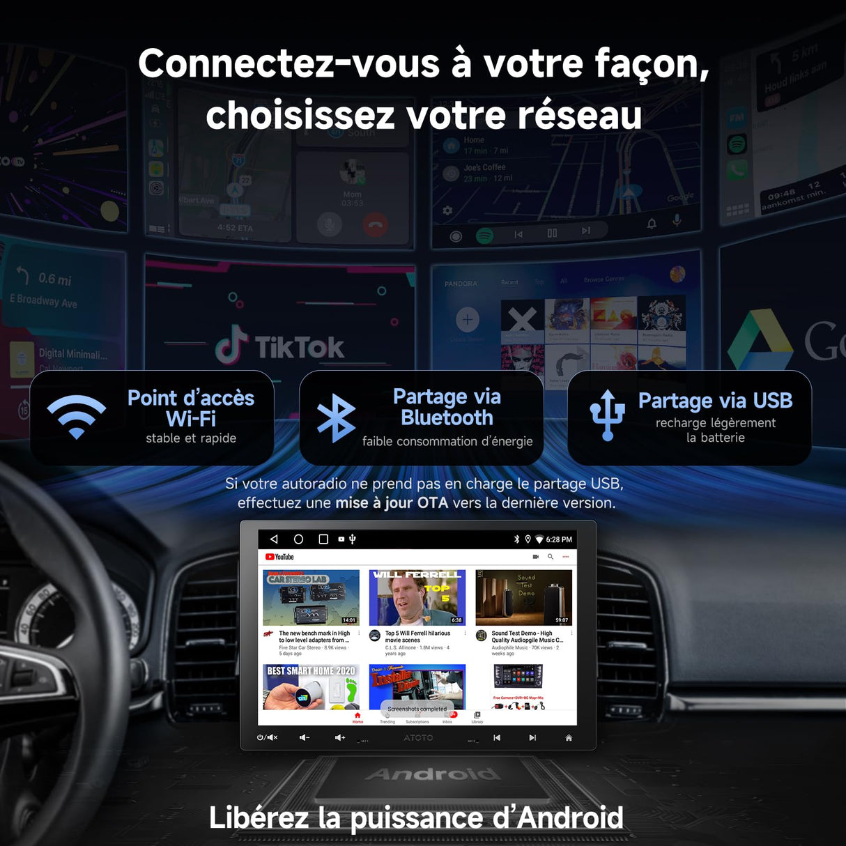 ATOTO A5LG110T Autoradio 1 DIN/2 DIN Android 10" avec écran flottant, caméra arrière, CarPlay et Android Auto sans fil, tethering WiFi/BT/USB, MirrorLink, DSP, FM/RDS, 2G+32G