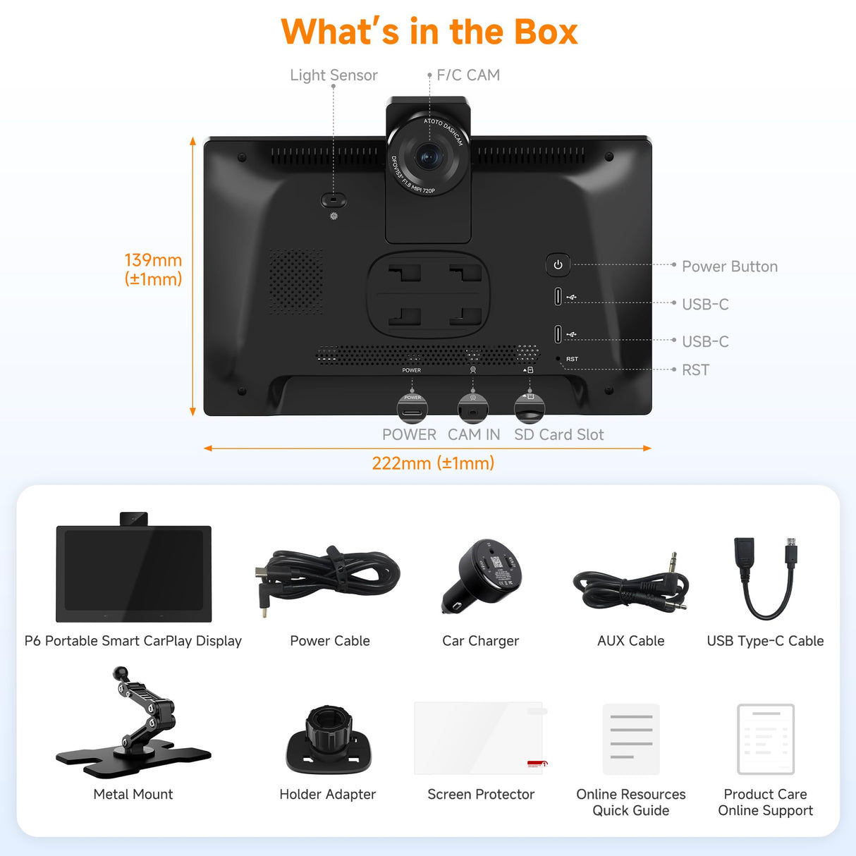 ATOTO P609S1N 9" Portable CarPlay Screen – Wireless CarPlay & Android Auto Touchscreen with Dash Cam, Bluetooth, GPS Navigation, Voice Control & Music Player, Plug & Play Car Stereo (P6 Standard DashCam)