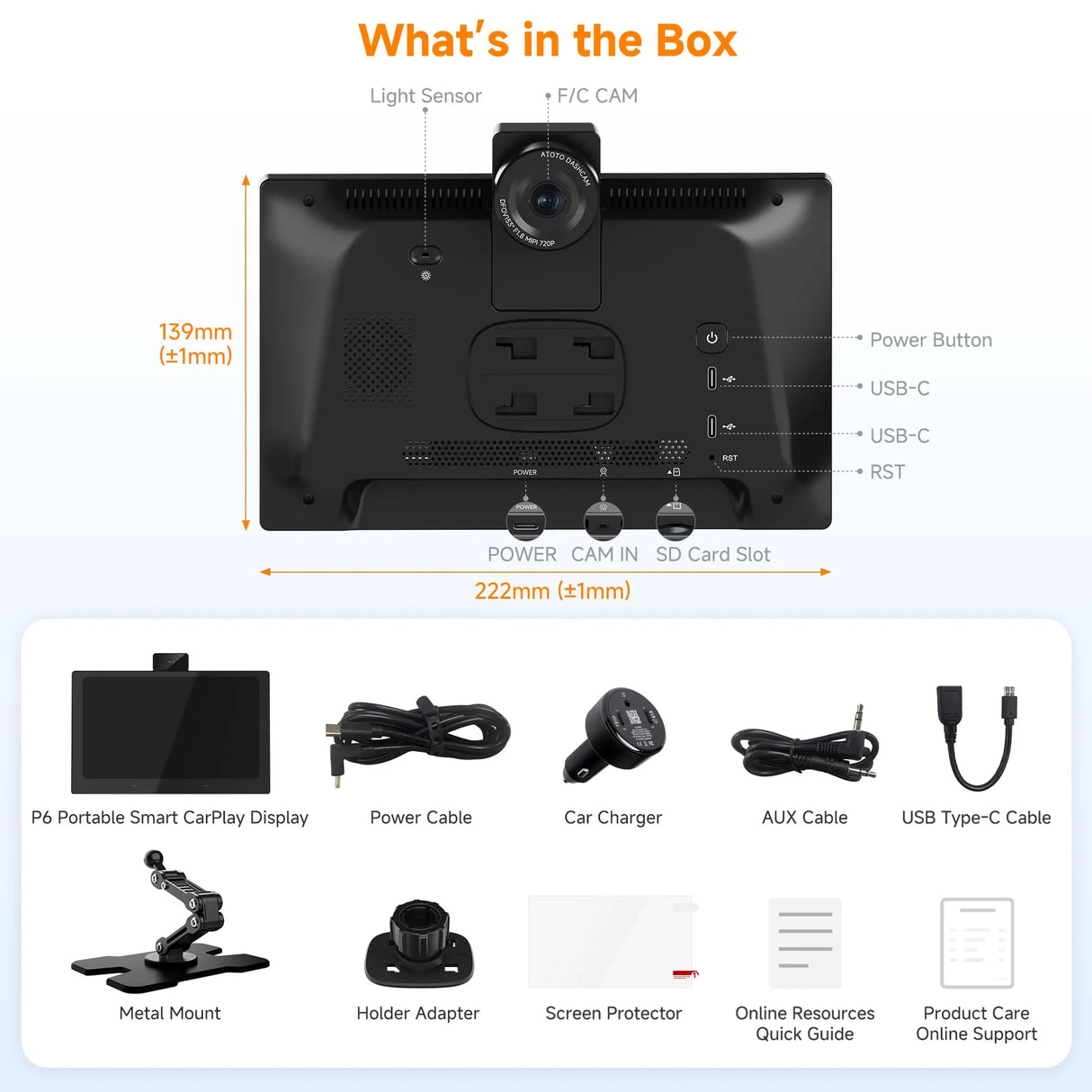 ATOTO P609S1N 9" Portable CarPlay Screen – Wireless CarPlay & Android Auto Touchscreen with Dash Cam, Bluetooth, GPS Navigation, Voice Control & Music Player, Plug & Play Car Stereo (P6 Standard DashCam)