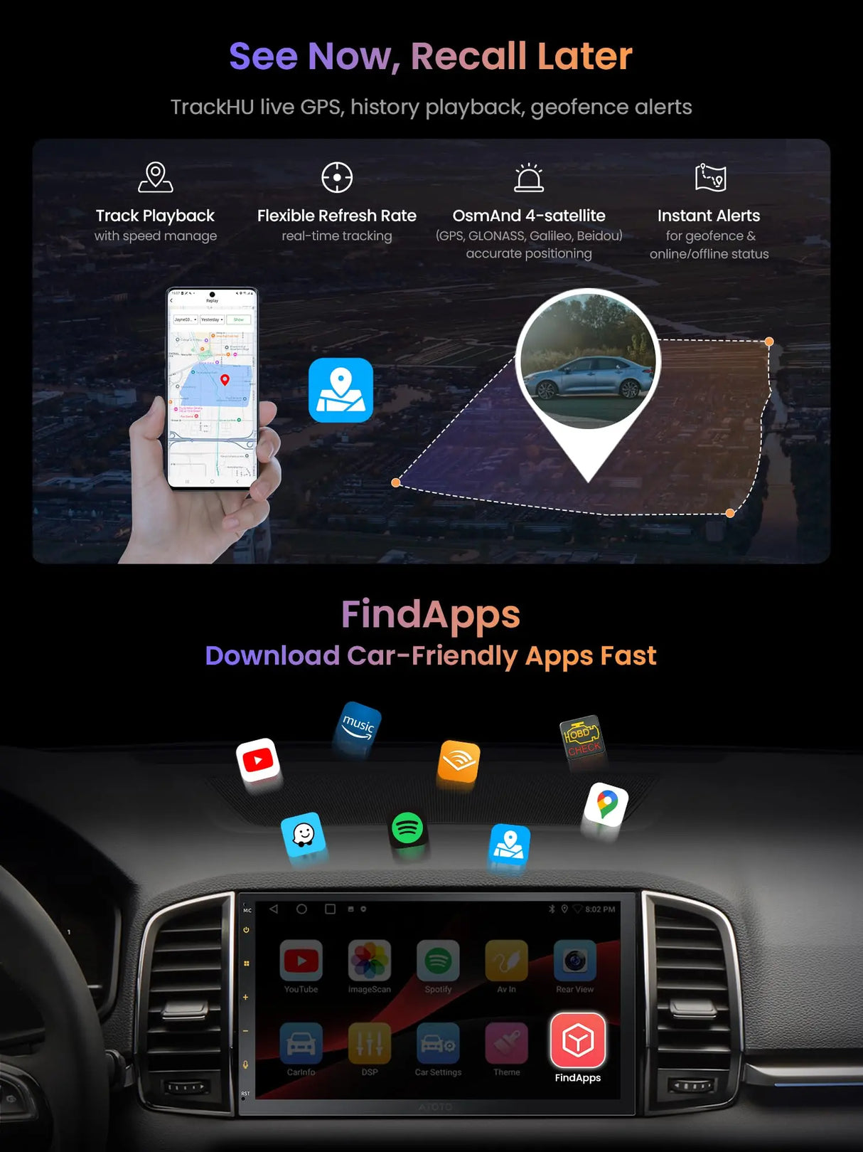 ATOTO A5LG2B7T Radio 2 DIN Android 7" con Pantalla Táctil, CarPlay y Android Auto Inalámbrico, GPS, WiFi, Bluetooth, Ecualizador de 24 Bandas, 2+32G