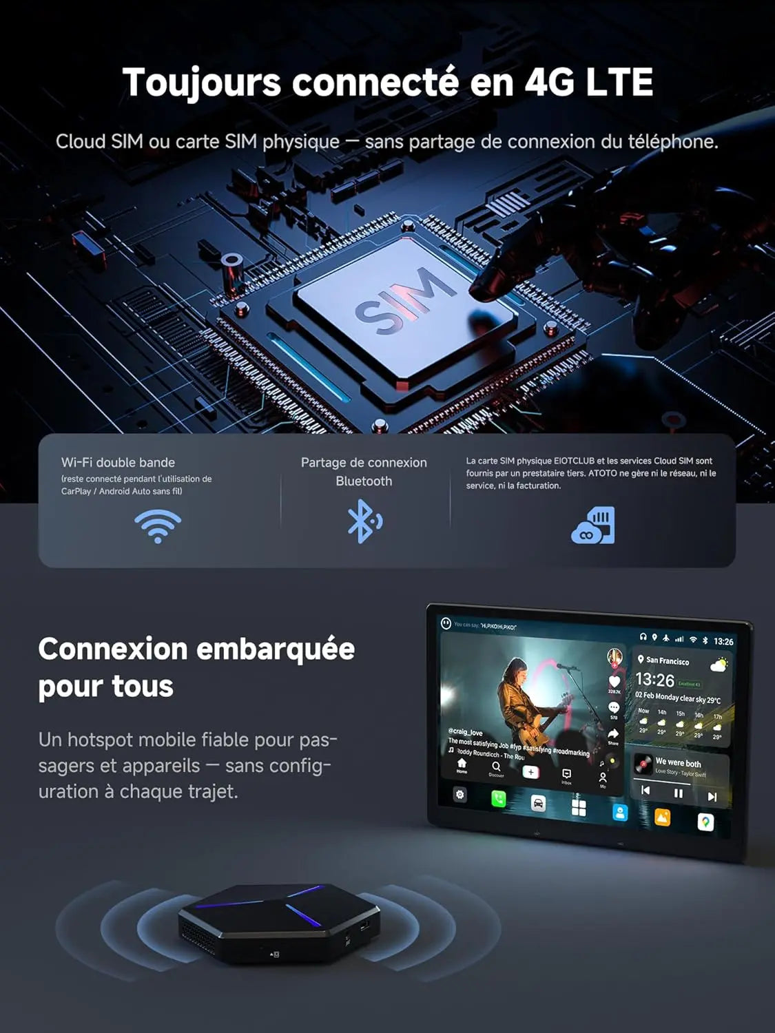 ATOTO CB7PQ CarPlay AI Box mit 1080P DVR Kamera & OBD2 Scanner, Android 13, Kabelloses CarPlay & Android Auto, 4G LTE, HDMI, DriveChat AI, ScenePilot 2.0, QCM6125, 4GB+64GB