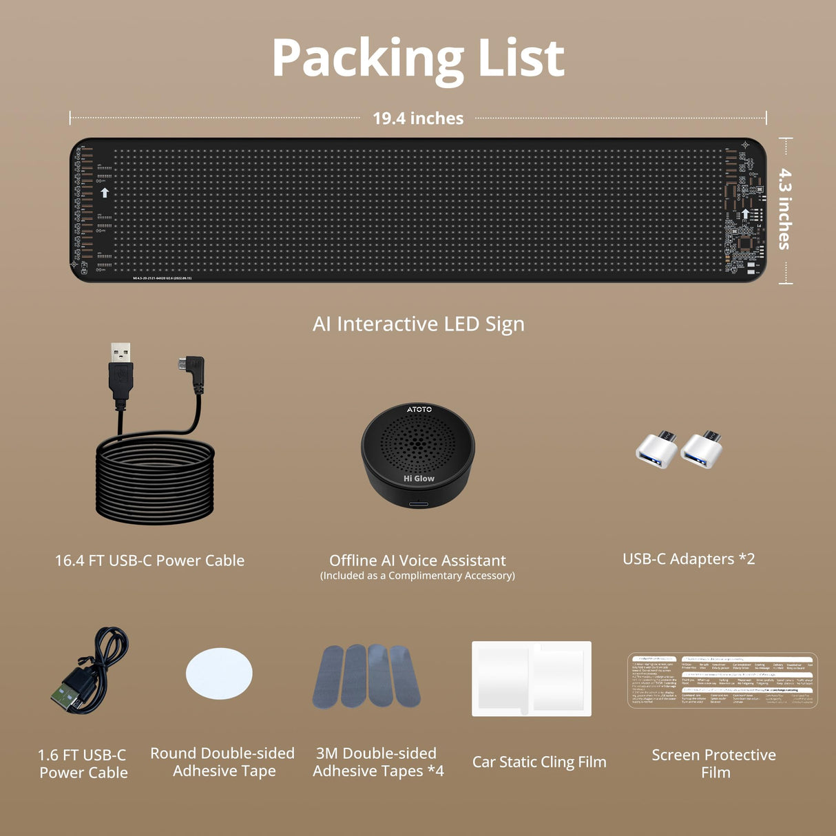 ATOTO CI-VIALD19 19.4" x 4.3" Programmable LED Sign, Scrolling Advertising Display, AI Voice Control, Bluetooth APP Control, USB 5V, Custom Text, Pattern, GIF, Animation