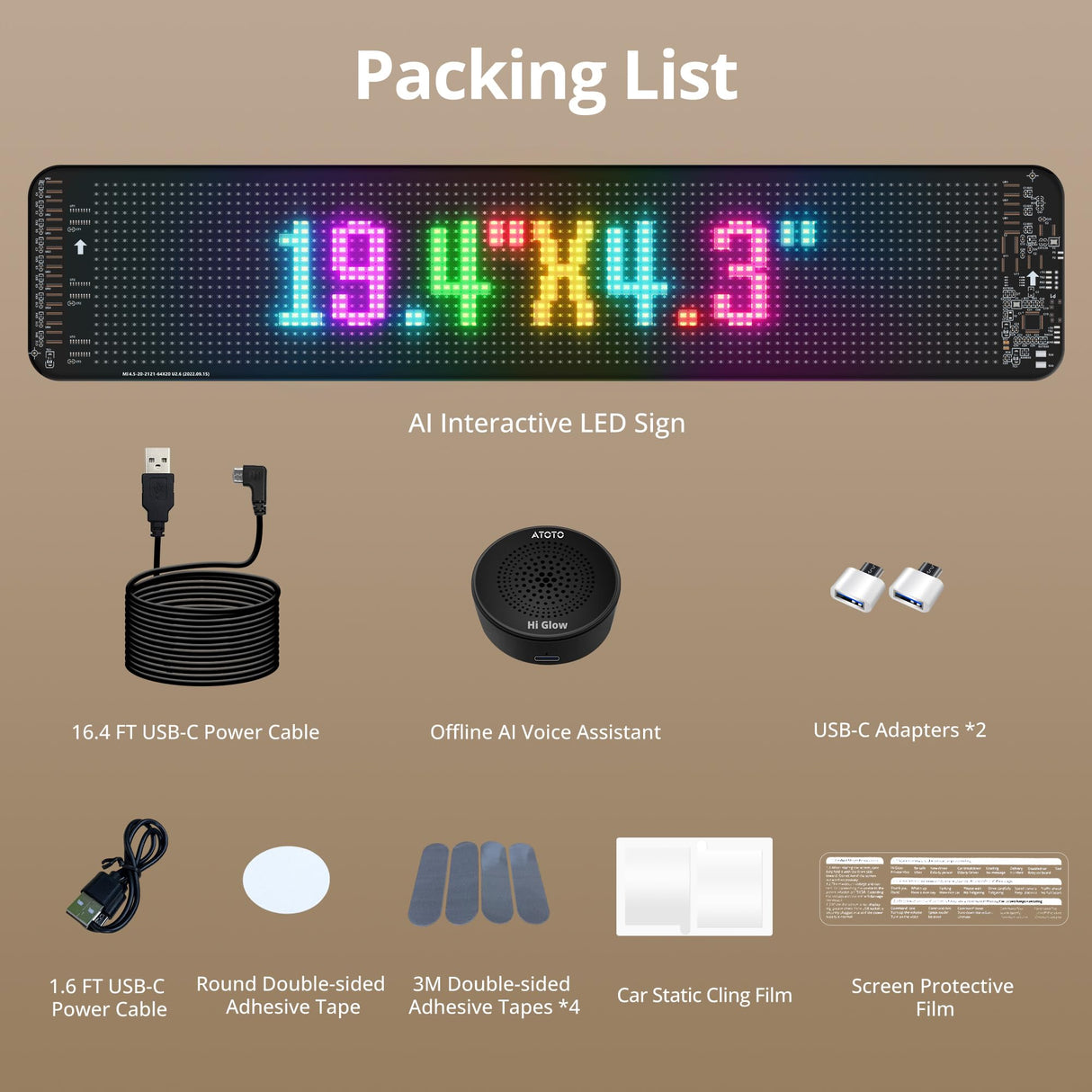 ATOTO CI-VIALD19 19.4" x 4.3" Programmable LED Car Sign – Flexible USB 5V Display, AI Voice & App Control, Custom Text & Animation, Scrolling Digital Sign for Car Window