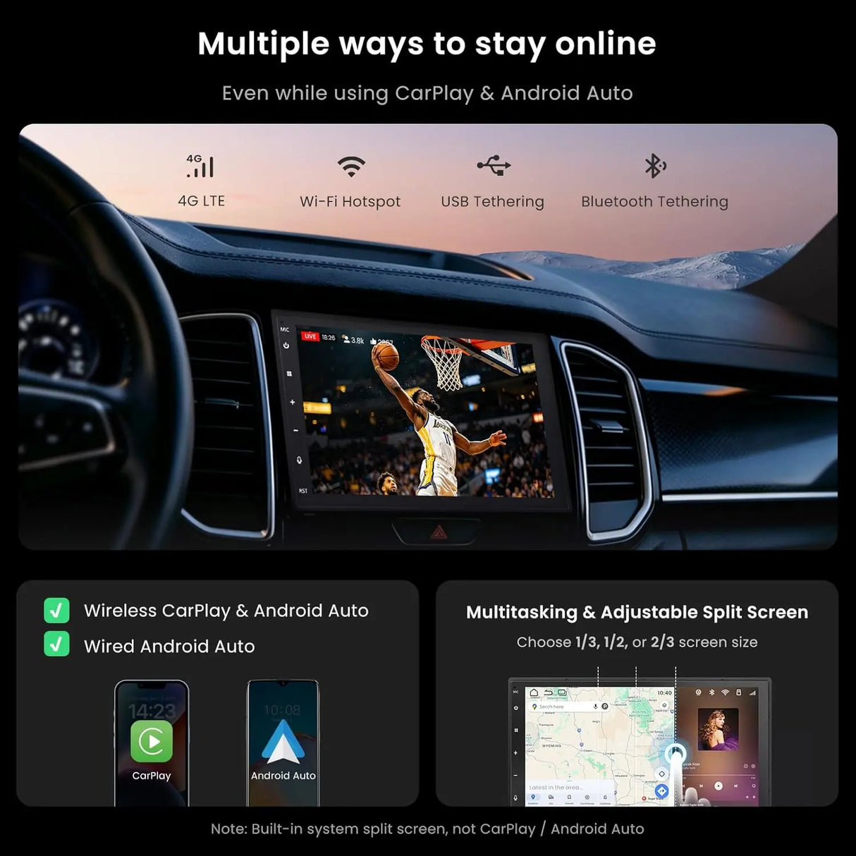 ATOTO S8 Ultra 7 mit Android-Doppel-Din-Video-Instrument, unterstützt CarPlay und Android Auto, Doppel-Bluetooth mit aptX HD, Gestenbetrieb, VSV und LRV, integriertes 4G-Mobilmodem, 4G+64G, S8G2A78UL-A