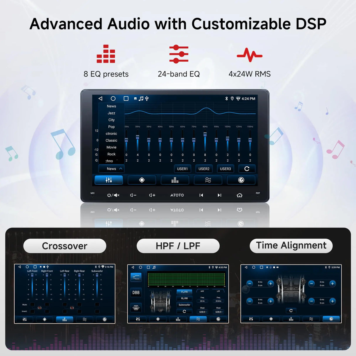 ATOTO A5LG209T 9" Double DIN Car Stereo, Touchscreen, Backup Camera, 2+32G, Wireless CarPlay and Android Auto, GPS, WiFi, Bluetooth, 24-Band EQ, USB