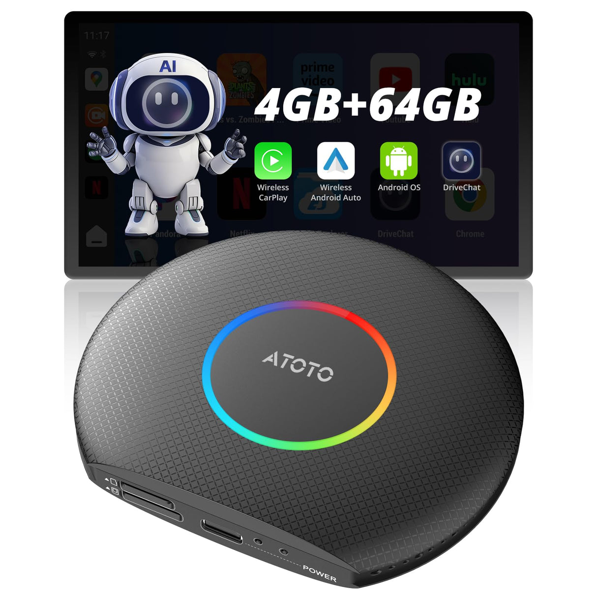 ATOTO CB6 Wireless CarPlay Adapter, Intelligenter AI-Sprachdongle mit GPS-Tracking, Kabelloses CarPlay und Android Auto, Bluetooth, 4GB+64GB, Kompatibel mit vielen Apps