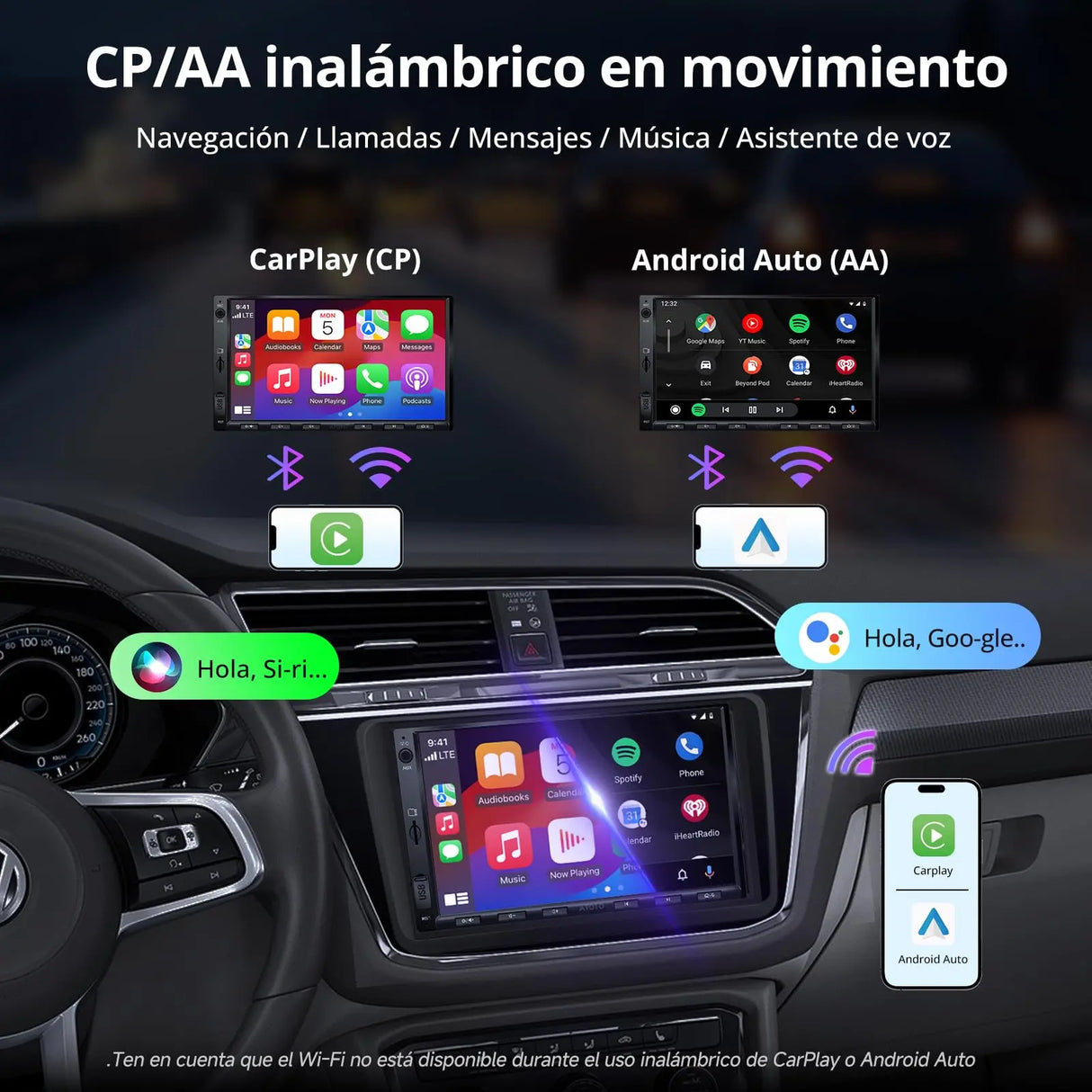 ATOTO A5LVWA7T Radio Coche 2 DIN 7" con Navegación, Compatible con VW Golf/Polo/Tiguan, CarPlay y Android Auto Inalámbrico, MirrorLink, WiFi/BT/USB, DSP EQ de 24 Bandas, FM/AUX/TF, 2G+32G
