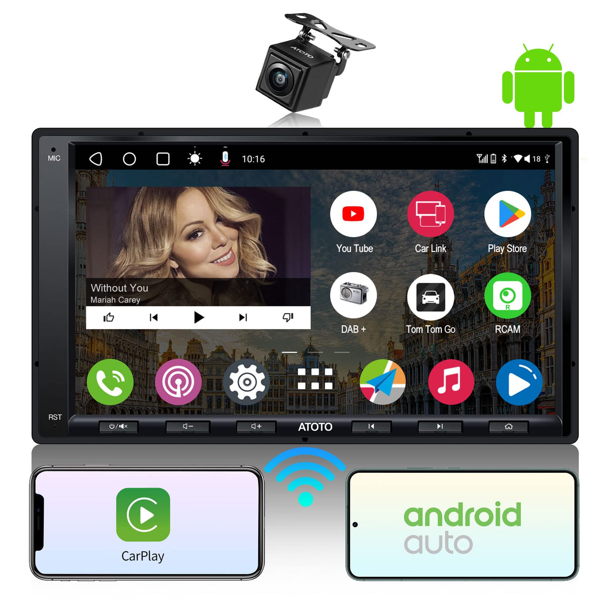 ATOTO A6G2A7PF Autoradio 2 Din Android 7 pollici, con telecamera posteriore e DAB+, CarPlay e Android Auto wireless, WiFi Bluetooth USB, GPS navigatore, 2GB 32GB, SWC