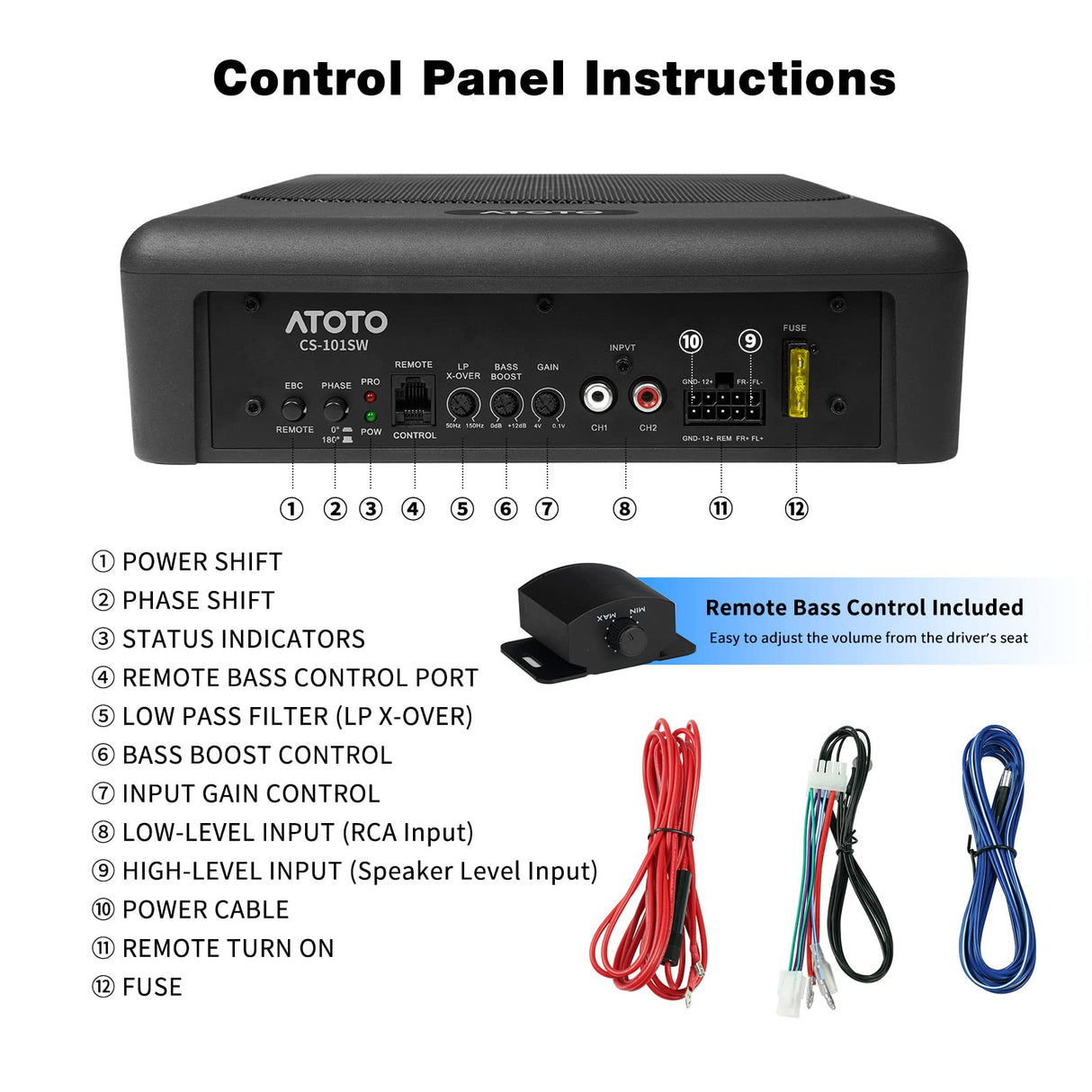 ATOTO CS-101SW 10-Inch Active Under-Seat Subwoofer, 400W Max Power with Built-in Amplifier & Remote Control