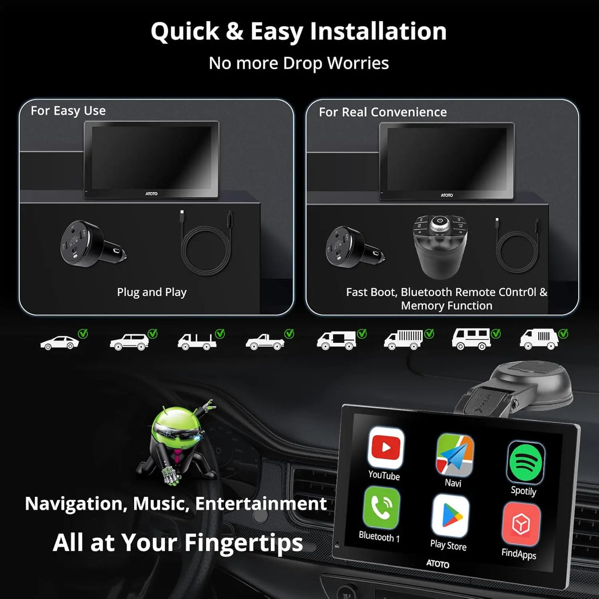 ATOTO Portable Car Stereo 9" Android 10 Octa-Core, Dual Camera, HD QLED Display, Wireless CarPlay/Android Auto, GPS Navigation, 4G/Wi-Fi/Bluetooth, DriveChat AI, TPMS/OBD II Support, 4GB+32GB