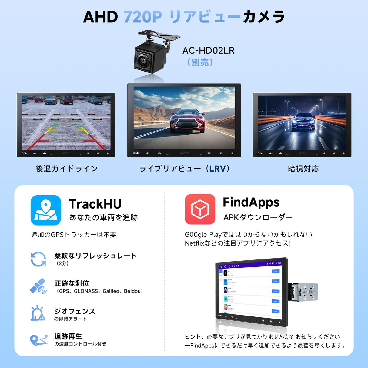 ATOTOZONE A5L 10インチ 2DIN/1DIN対応ディスプレイオーディオ、Androidカーナビ、ワイヤレスCarPlay&Android Auto、WiFi/USB/Bluetooth接続、DSP&アンプ内蔵、MirrorLink、AI会話、2分割画面、2G+32G