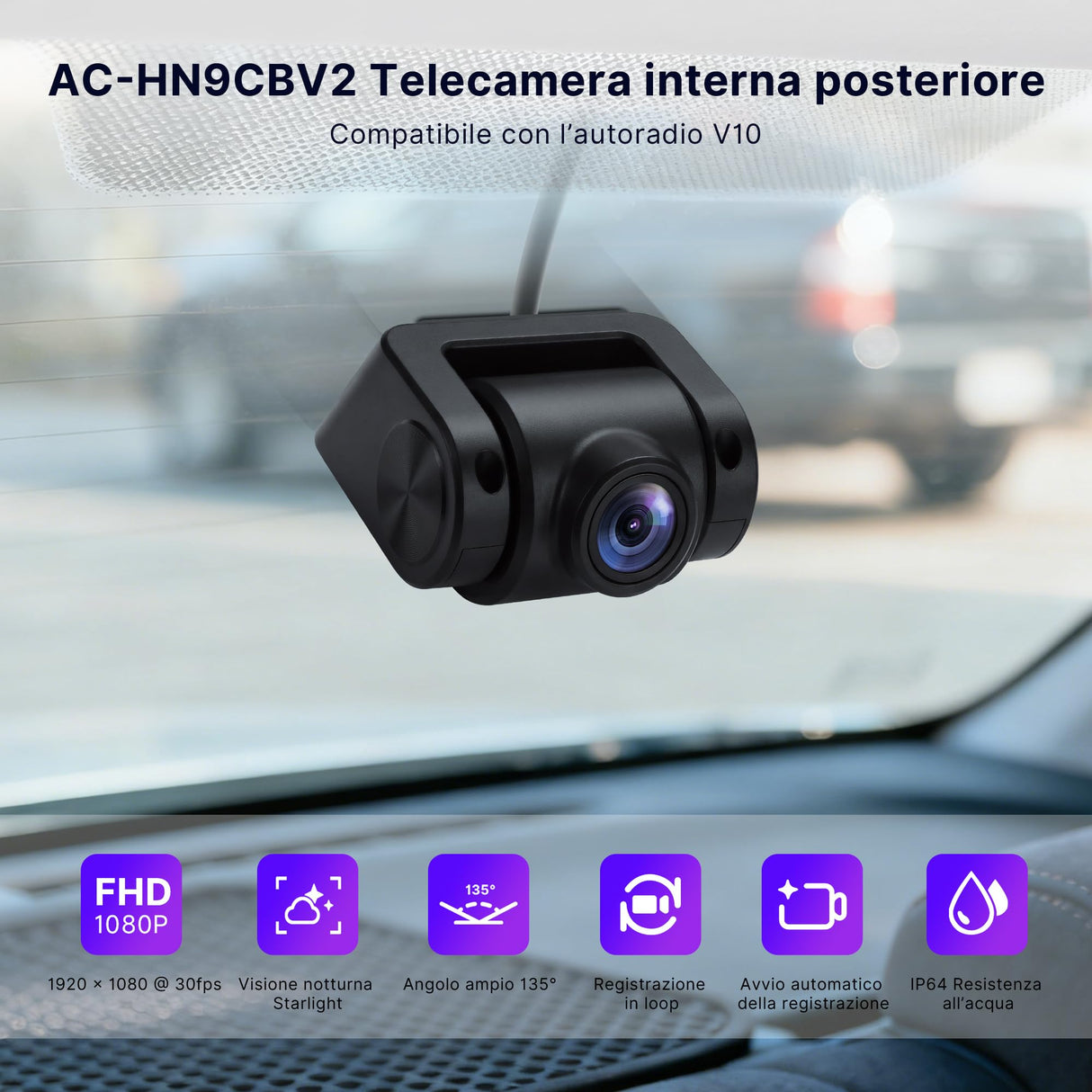 ATOTOEXCEL Telecamera Interna, Frontale (Montaggio Posteriore Abitacolo), AHD 1080p, 30fps, Visione Notturna Starlight, Grandangolo 135°, Reg. loop, Modo Parcheggio, Compat. solo Serie V10, AC-HN9CBV2