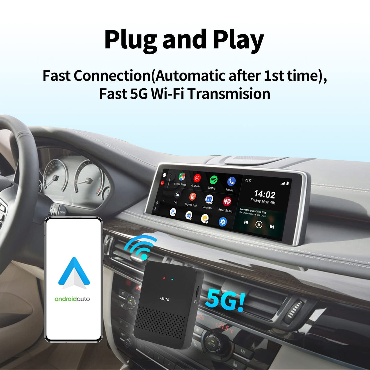 ATOTO AD3WAA-BK Wireless Android Auto Adapter - Convert Wired to Wireless for Factory/Aftermarket Radios - Compatible with Toyota, Nissan, Honda, Ford, Audi, Benz