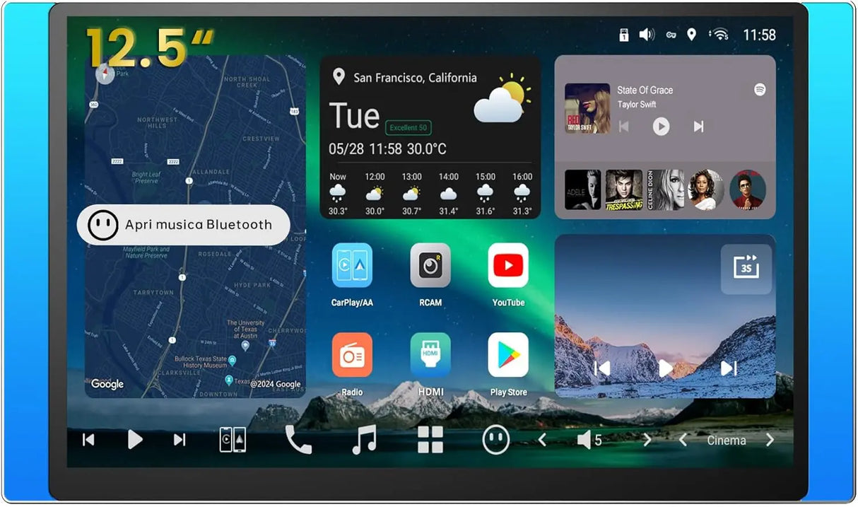 ATOTO X10G225E 12.5" QLED Autoradio Bluetooth 2 Din Android, 8+128 GB, CarPlay senza fili & Android Auto, 4G LTE, Assistente vocale AI, GPS, Doppio microfono, LRV, 36B-EQ, Ingresso HDMI
