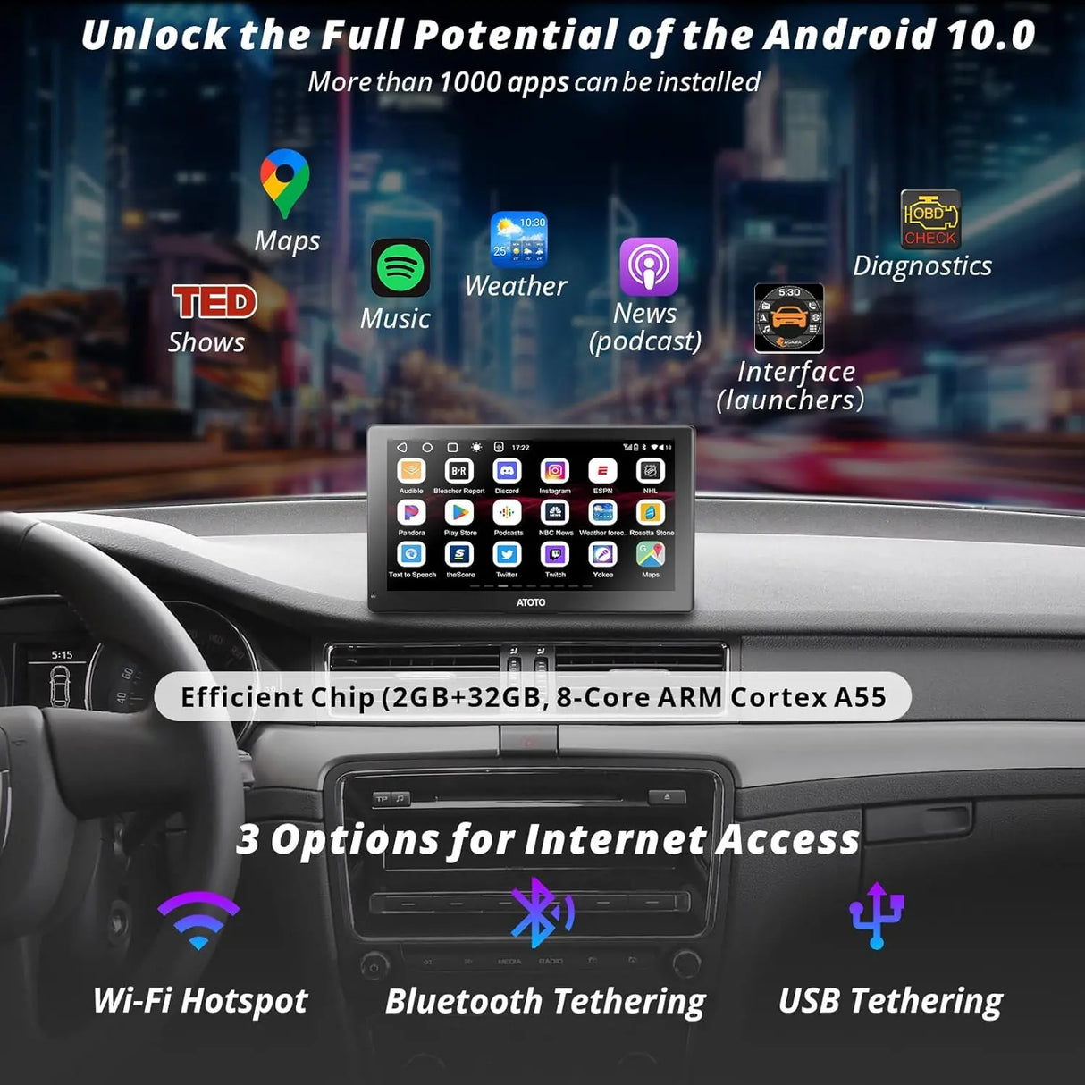 ATOTO P9 Autoradio für tragbares Android mit 7 QLED-Anschlüssen, CarPlay und Android Auto Wireless 2+32 GB, Mirror Link, GPS-Unterstützung, Bluetooth und Bluetooth, WLAN, USB, Bluetooth, HDMI-Anschluss, P907SD