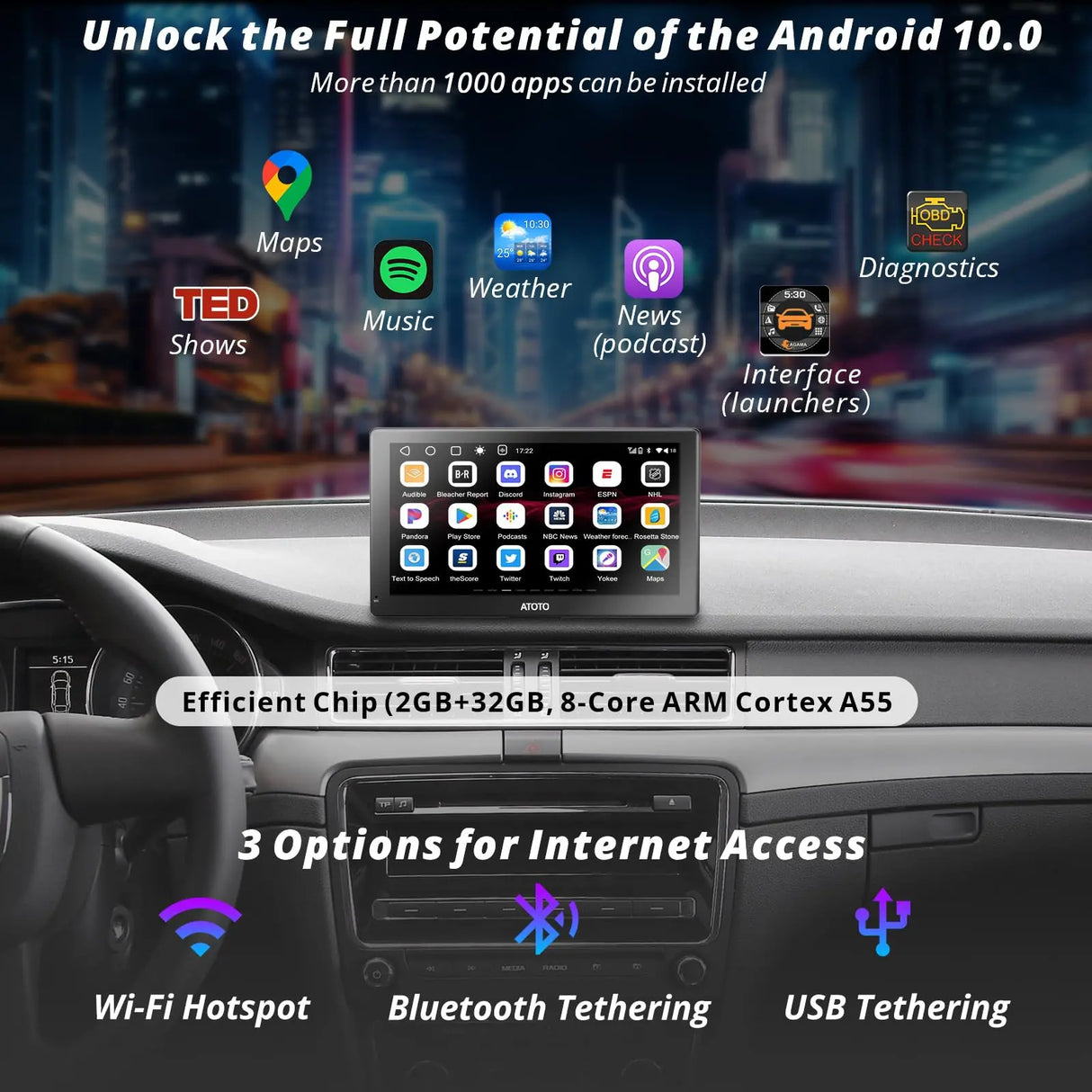 ATOTO GPS per Auto, Autoradio Portatile Android 7" QLED, CarPlay Wireless, Android Auto Wireless, Mirror Link, Doppio Bluetooth, WiFi, USB, Porta HDMI, 2+32GB, Tracciamento GPS