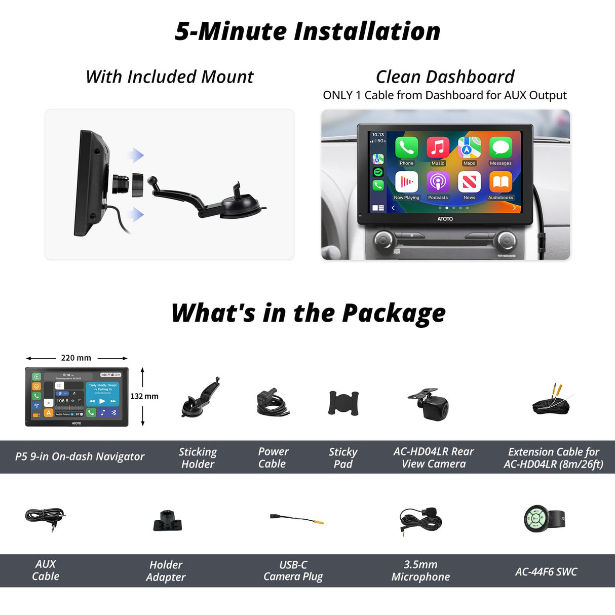 ATOTO P5 9" QLED Portable Car Stereo, 1080P Backup Camera, Remote Control, Wireless CarPlay and Android Auto, Bluetooth, MirrorLink, Glare-Suppressing Touchscreen, GPS Navigation, AUX/FM Output