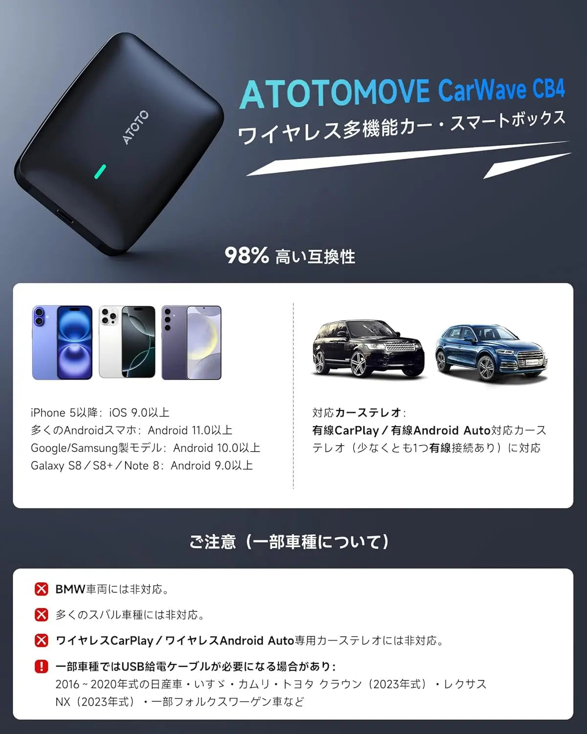 ATOTO CarWave CB4B ワイヤレスアダプター | CarPlayアダプター & OBD2スキャナー搭載 | AI ChatGPT搭載 | 車載ビデオストリーミング (YouTube・Netflix対応) | iPhone & Android Auto対応 | デュアルWiFi | プラグ&プレイ | CB4Bアップグレード