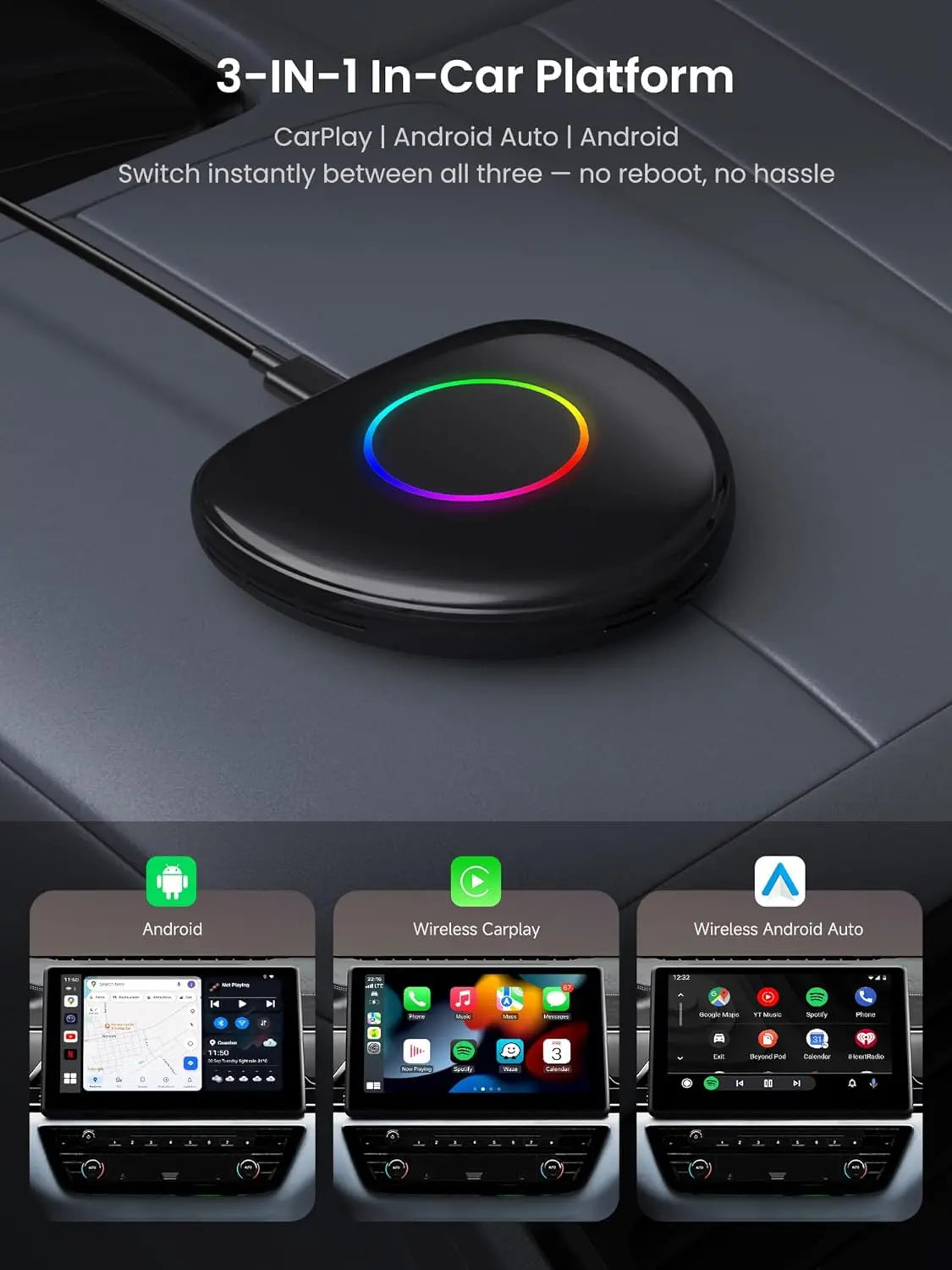 ATOTO CarWave CB6D wireless CarPlay adapter Magic Box CarPlay Video Box - Wireless CarPlay/Android Auto/Android 13 OS, 8GB+128GB, 4G LTE, WiFi, Dual Bluetooth, GPS, YouTube/Netflix Support, microSD, OTA, Black